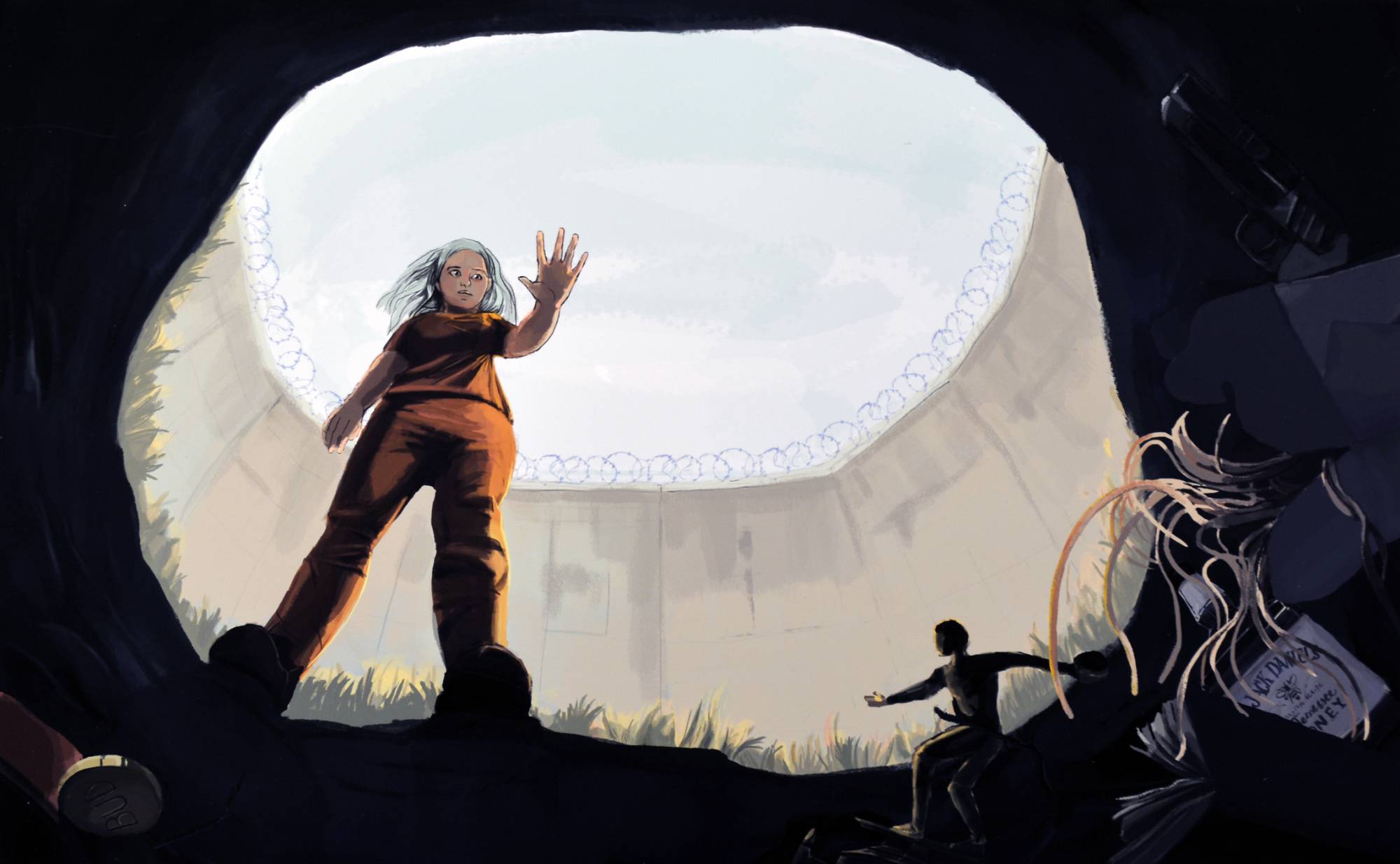 Digital image of a character standing inside of a hole.